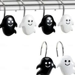 Halloween Shower Curtain Hooks for Halloween Bathroom Decor Rustproof Stainless Steel Shower Curtain Rings Hangers Set of 12, Skulls Ghosts Bathroom Accessories Set