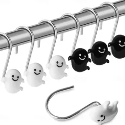 Halloween Shower Curtain Hooks for Halloween Bathroom Decor Rustproof Stainless Steel Shower Curtain Rings Hangers Set of 12, Skulls Ghosts Bathroom Accessories Set