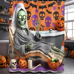 Halloween Shower Curtain with Hooks Polyester Washable Waterproof Pattern Bathroom Bathtub Decor