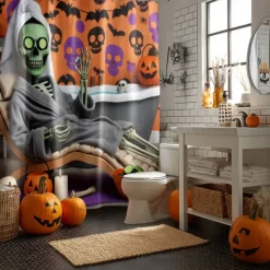 Halloween Shower Curtain with Hooks Polyester Washable Waterproof Pattern Bathroom Bathtub Decor