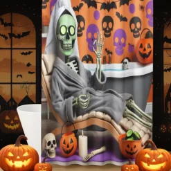 Halloween Shower Curtain with Hooks Polyester Washable Waterproof Pattern Bathroom Bathtub Decor