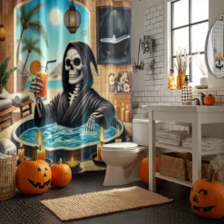 Halloween Shower Curtain with Hooks Polyester Washable Waterproof Pattern Bathroom Bathtub Decor