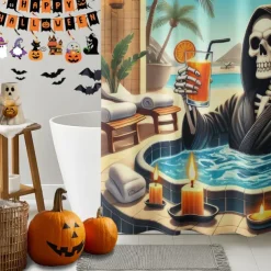 Halloween Shower Curtain with Hooks Polyester Washable Waterproof Pattern Bathroom Bathtub Decor