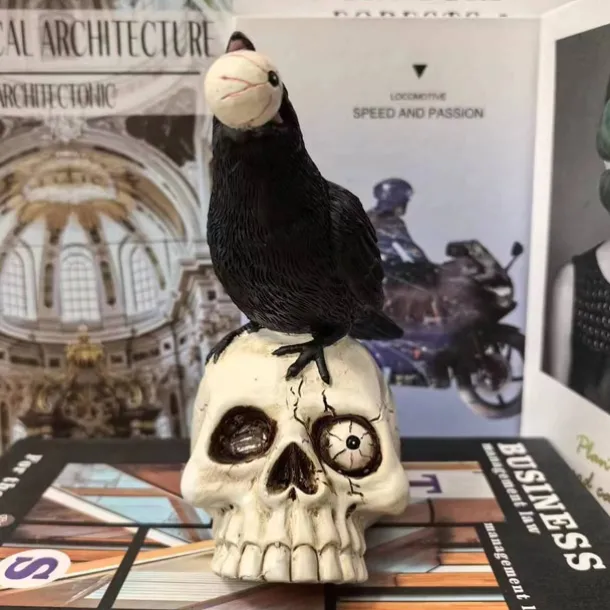Halloween Skeleton Crow Resin Figurine - Animal Sculpture for Tabletop, Window Display, and Home Decor - Spooky Halloween Decoration