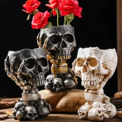 Halloween Skeleton Skull Head Flower Pot Nordic Modern Home Decoration Personalized Damaged Old Shackles Skull Head Resin Crafts Halloween Ghost Head Bone Gift Scene Decoration Photography Props 1PC