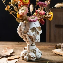 Halloween Skeleton Skull Head Flower Pot Nordic Modern Home Decoration Personalized Damaged Old Shackles Skull Head Resin Crafts Halloween Ghost Head Bone Gift Scene Decoration Photography Props 1PC