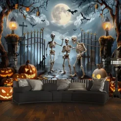 Halloween Skeleton Tapestry – Spooky Graveyard Moonlight Wall Art Backdrop with Jack-O'-Lanterns, Large Hanging Mural Blanket Curtain for Home Bedroom Living Room Decoration