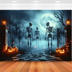 Halloween Skeleton Tapestry – Spooky Graveyard Moonlight Wall Art Backdrop with Jack-O'-Lanterns, Large Hanging Mural Blanket Curtain for Home Bedroom Living Room Decoration