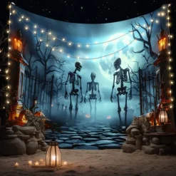 Halloween Skeleton Tapestry – Spooky Graveyard Moonlight Wall Art Backdrop with Jack-O'-Lanterns, Large Hanging Mural Blanket Curtain for Home Bedroom Living Room Decoration