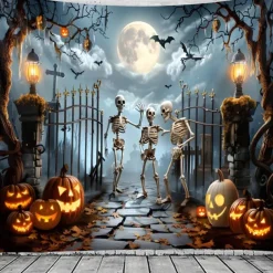 Halloween Skeleton Tapestry – Spooky Graveyard Moonlight Wall Art Backdrop with Jack-O'-Lanterns, Large Hanging Mural Blanket Curtain for Home Bedroom Living Room Decoration