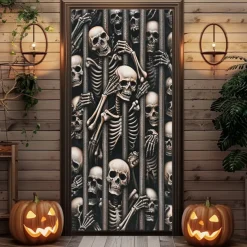 Halloween Skeletons Door Covers Door Tapestry Door Curtain Decoration Backdrop Door Banner for Front Door Farmhouse Holiday Party Decor Supplies