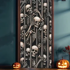 Halloween Skeletons Door Covers Door Tapestry Door Curtain Decoration Backdrop Door Banner for Front Door Farmhouse Holiday Party Decor Supplies