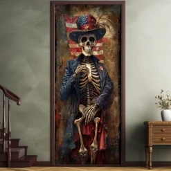 Halloween Skull Door Decorations Door Covers 4th of July Patriotic Independence Day Backdrop Indoor/Outdoor Door Banner for Front Door Farmhouse