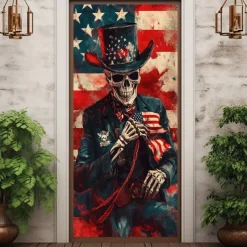 Halloween Skull Door Decorations Door Covers 4th of July Patriotic Independence Day Backdrop Indoor/Outdoor Door Banner for Front Door Farmhouse