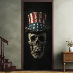 Halloween Skull Door Decorations Door Covers 4th of July Patriotic Independence Day Backdrop Indoor/Outdoor Door Banner for Front Door Farmhouse