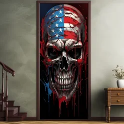 Halloween Skull Door Decorations Door Covers 4th of July Patriotic Independence Day Backdrop Indoor/Outdoor Door Banner for Front Door Farmhouse