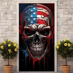 Halloween Skull Door Decorations Door Covers 4th of July Patriotic Independence Day Backdrop Indoor/Outdoor Door Banner for Front Door Farmhouse