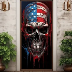 Halloween Skull Door Decorations Door Covers 4th of July Patriotic Independence Day Backdrop Indoor/Outdoor Door Banner for Front Door Farmhouse