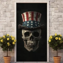 Halloween Skull Door Decorations Door Covers 4th of July Patriotic Independence Day Backdrop Indoor/Outdoor Door Banner for Front Door Farmhouse