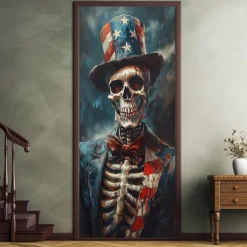 Halloween Skull Door Decorations Door Covers 4th of July Patriotic Independence Day Backdrop Indoor/Outdoor Door Banner for Front Door Farmhouse