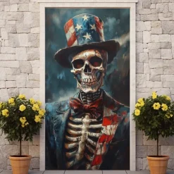 Halloween Skull Door Decorations Door Covers 4th of July Patriotic Independence Day Backdrop Indoor/Outdoor Door Banner for Front Door Farmhouse