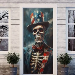 Halloween Skull Door Decorations Door Covers 4th of July Patriotic Independence Day Backdrop Indoor/Outdoor Door Banner for Front Door Farmhouse