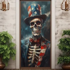 Halloween Skull Door Decorations Door Covers 4th of July Patriotic Independence Day Backdrop Indoor/Outdoor Door Banner for Front Door Farmhouse