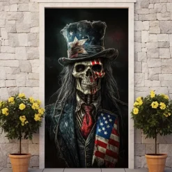 Halloween Skull Door Decorations Door Covers 4th of July Patriotic Independence Day Backdrop Indoor/Outdoor Door Banner for Front Door Farmhouse