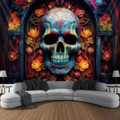 Halloween Skull Hanging Tapestry Day of Dead Mexican Wall Art Large Tapestry Mural Decor Photograph Backdrop Blanket Curtain Home Bedroom Living Room Decoration