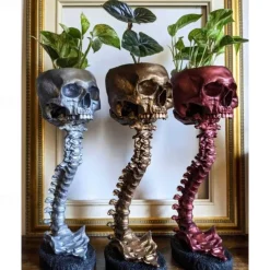 Halloween Skull Planter & Spine Stand, Resin Skull Head Flower Succulent Cactus Planter Pots,or Home Office Desk Decorations Halloween Scene Statue Sculpture Decorations