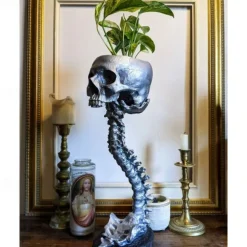 Halloween Skull Planter & Spine Stand, Resin Skull Head Flower Succulent Cactus Planter Pots,or Home Office Desk Decorations Halloween Scene Statue Sculpture Decorations