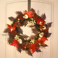 Halloween Skull Pvc With Lights Wreath Artificial Fall Wreath With Maple Leaf Pumpkin Berries, Thanksgiving Wall Garden Hanging Decoration 17.8 Inch Halloween Skull Wreath Horror Wreath Halloween Prop Decoration
