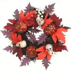 Halloween Skull Pvc With Lights Wreath Artificial Fall Wreath With Maple Leaf Pumpkin Berries, Thanksgiving Wall Garden Hanging Decoration 17.8 Inch Halloween Skull Wreath Horror Wreath Halloween Prop Decoration