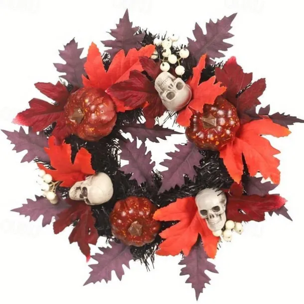 Halloween Skull Pvc With Lights Wreath Artificial Fall Wreath With Maple Leaf Pumpkin Berries, Thanksgiving Wall Garden Hanging Decoration 17.8 Inch Halloween Skull Wreath Horror Wreath Halloween Prop Decoration
