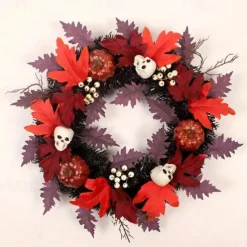 Halloween Skull Pvc With Lights Wreath Artificial Fall Wreath With Maple Leaf Pumpkin Berries, Thanksgiving Wall Garden Hanging Decoration 17.8 Inch Halloween Skull Wreath Horror Wreath Halloween Prop Decoration