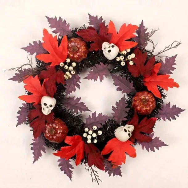 Halloween Skull Pvc With Lights Wreath Artificial Fall Wreath With Maple Leaf Pumpkin Berries, Thanksgiving Wall Garden Hanging Decoration 17.8 Inch Halloween Skull Wreath Horror Wreath Halloween Prop Decoration