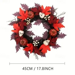 Halloween Skull Pvc With Lights Wreath Artificial Fall Wreath With Maple Leaf Pumpkin Berries, Thanksgiving Wall Garden Hanging Decoration 17.8 Inch Halloween Skull Wreath Horror Wreath Halloween Prop Decoration