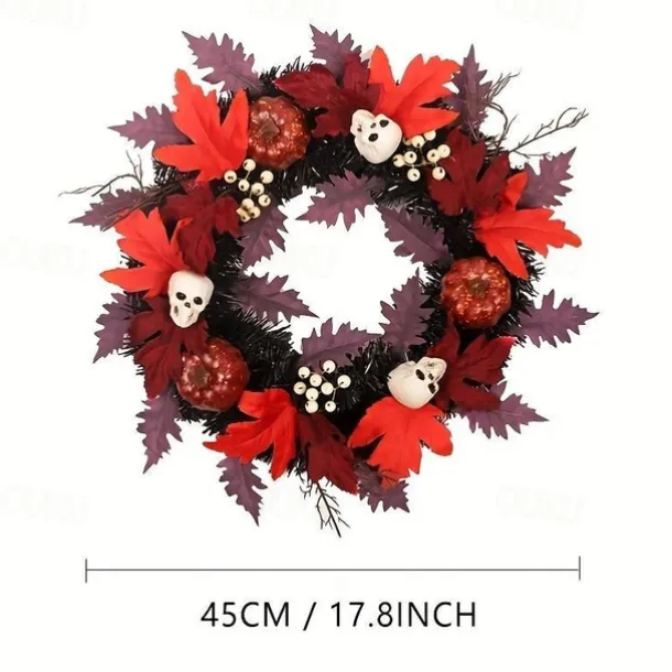 Halloween Skull Pvc With Lights Wreath Artificial Fall Wreath With Maple Leaf Pumpkin Berries, Thanksgiving Wall Garden Hanging Decoration 17.8 Inch Halloween Skull Wreath Horror Wreath Halloween Prop Decoration