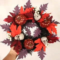 Halloween Skull Pvc With Lights Wreath Artificial Fall Wreath With Maple Leaf Pumpkin Berries, Thanksgiving Wall Garden Hanging Decoration 17.8 Inch Halloween Skull Wreath Horror Wreath Halloween Prop Decoration