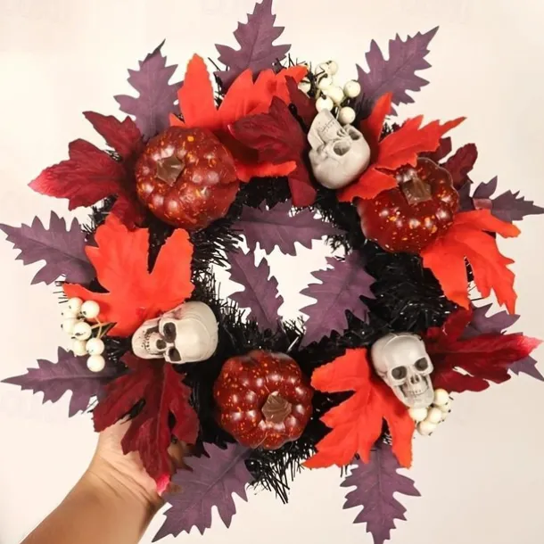 Halloween Skull Pvc With Lights Wreath Artificial Fall Wreath With Maple Leaf Pumpkin Berries, Thanksgiving Wall Garden Hanging Decoration 17.8 Inch Halloween Skull Wreath Horror Wreath Halloween Prop Decoration