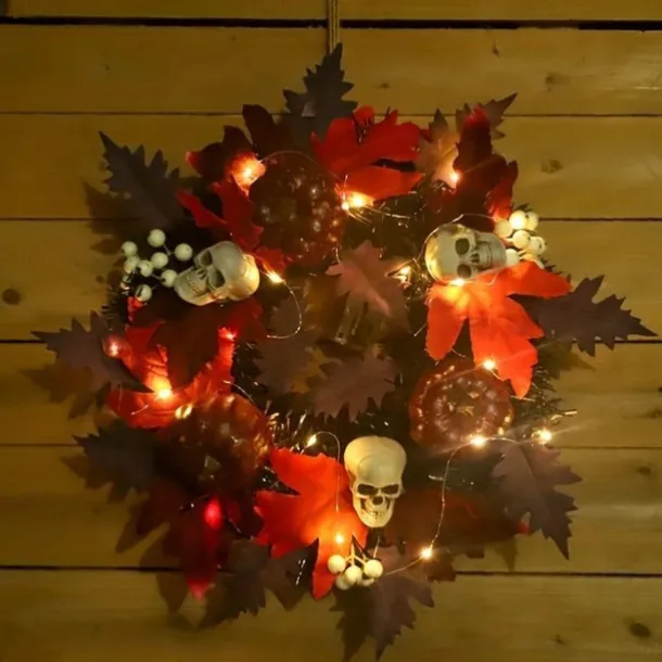 Halloween Skull Pvc With Lights Wreath Artificial Fall Wreath With Maple Leaf Pumpkin Berries, Thanksgiving Wall Garden Hanging Decoration 17.8 Inch Halloween Skull Wreath Horror Wreath Halloween Prop Decoration