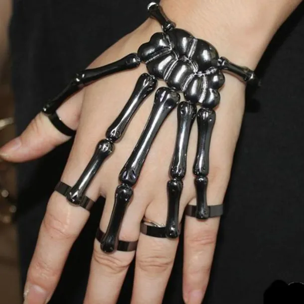 Halloween Skull Skeleton Hand Bracelet with Finger Ring Chain Gothic Bone Joint Jewelry Accessory Gift