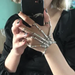 Halloween Skull Skeleton Hand Bracelet with Finger Ring Chain Gothic Bone Joint Jewelry Accessory Gift