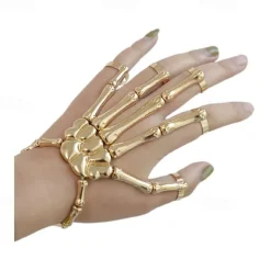 Halloween Skull Skeleton Hand Bracelet with Finger Ring Chain Gothic Bone Joint Jewelry Accessory Gift