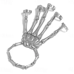 Halloween Skull Skeleton Hand Bracelet with Finger Ring Chain Gothic Bone Joint Jewelry Accessory Gift