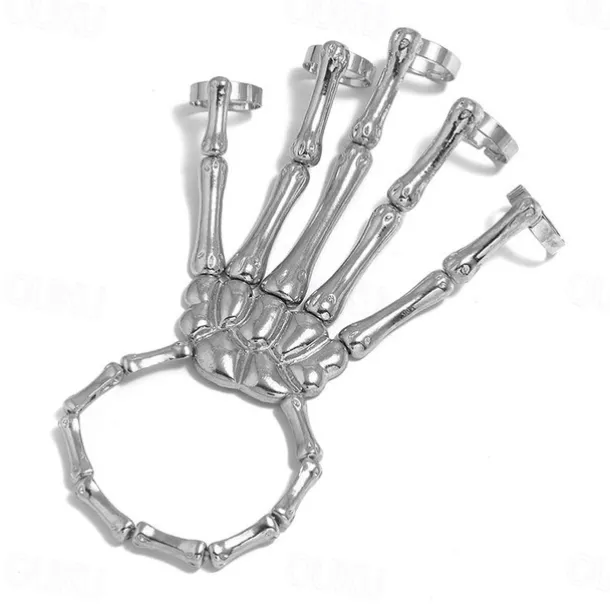 Halloween Skull Skeleton Hand Bracelet with Finger Ring Chain Gothic Bone Joint Jewelry Accessory Gift