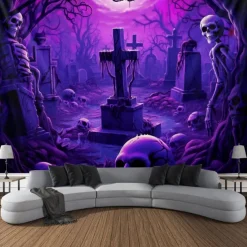 Halloween Skulls Blacklight Tapestry UV Reactive Glow in the Dark Misty Graveyard Hanging Tapestry Wall Art Mural for Living Room Bedroom