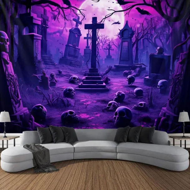 Halloween Skulls Blacklight Tapestry UV Reactive Glow in the Dark Misty Graveyard Hanging Tapestry Wall Art Mural for Living Room Bedroom