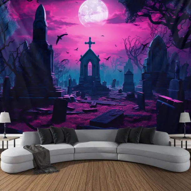 Halloween Skulls Blacklight Tapestry UV Reactive Glow in the Dark Misty Graveyard Hanging Tapestry Wall Art Mural for Living Room Bedroom