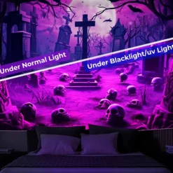 Halloween Skulls Blacklight Tapestry UV Reactive Glow in the Dark Misty Graveyard Hanging Tapestry Wall Art Mural for Living Room Bedroom